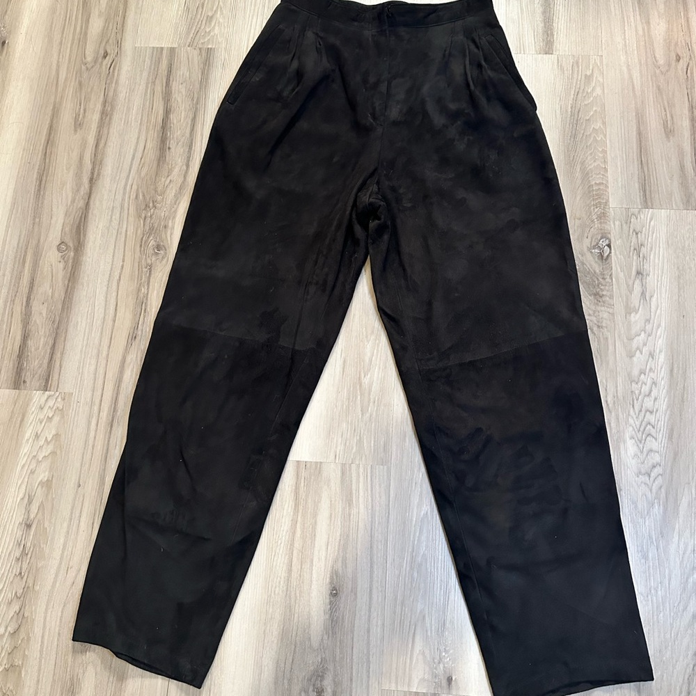 Vintage Lanna Suede Leather Black High Waist Pleated Straight Leg Pants SZ‎ 8